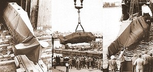 Вывод ПЛ «Пиранья» из цеха «Ленинградского адмиралтейского объединения» и спуск на воду краном «Демаг».